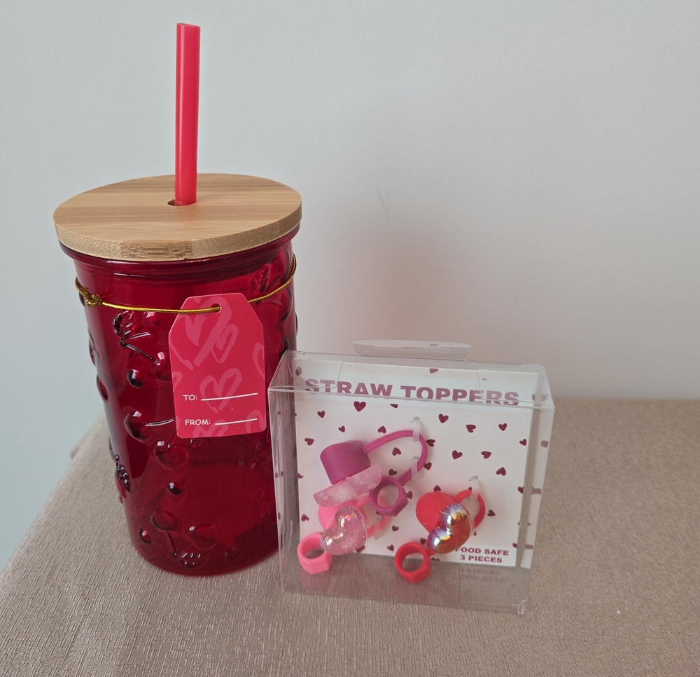 Cherry embossed Glass Tumbler with Bamboo Lid & 3‑Piece Straw Topper Set